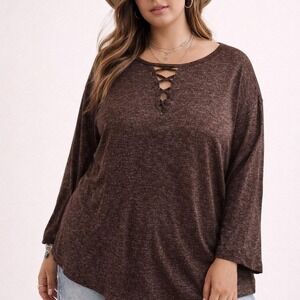 Bobeau 3X Brown Marled Lace Up Knit Top Plus Size Flowy‎